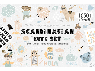 Scandinavian Cute Set alphabet typography animals animals illustrated birds cartoon charachter characters design clip art cute cute animals fairy funny character hand drawn happy illustration lettering posters scandinavian set vector
