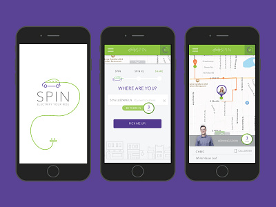 SPIN ride share app app car dashboard flat leaf map responsive