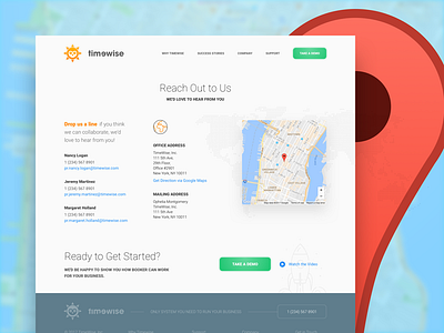 TimeWise Contact Page branding clean layout cloud service colorful design contact google map red marker marketing website interface minimalistic style product landing page simple saas ui ux web site service
