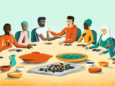 Feast community dinner eating feast friends get together grainy shadow heavy shadow illustration meal table