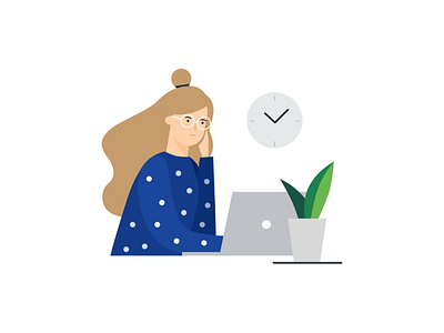 Working at Home busy clock girl glasses illustration laptop long hours plant remote work vector working working at home