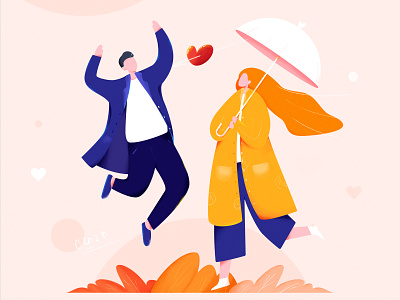 Lovers at first sight boy girl illustration in love romance umbrella