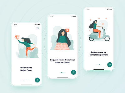 Onboarding illustrations for the delivery application art color colorful crafted delivery design girl graphic design graphics illustration onboarding onboarding screen onboarding ui screens ui vector