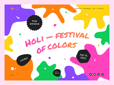 Landing page concept for Holi festival brightness design event festival hero landing page orange pink purple typography ui ux ui web yellow