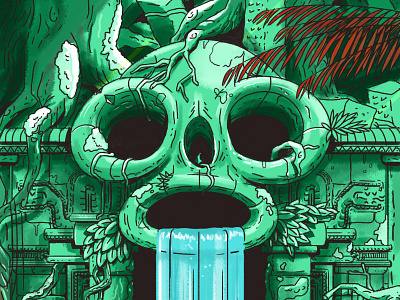 Drain adventure art character concept drain drawing environment follage illustration jungle pahito photoshop skull temple
