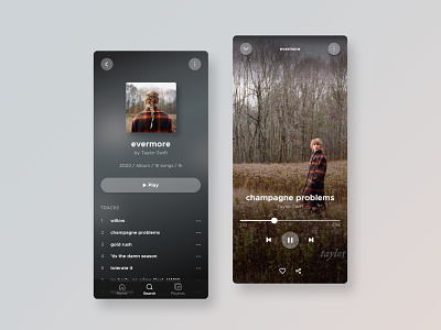 Concept for a music player app app artist clean dailyui dailyui 009 dark mode glassmorphism mobile music player playlist song spotify ui visual design
