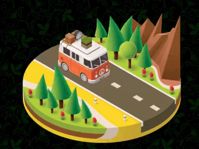 isometric travel motion aftereffects car design illustrator isometric motion mountain orange road travel tree trip truck van vector