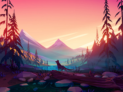 Into The Valley 3d animal animation blender forest illustration lake landscape low poly lowpoly mountains sunrise sunset wolf