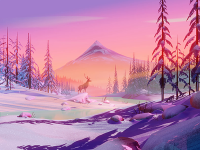The Call 3d animal animation christmas forest illustration landscape low poly mountains snow winter