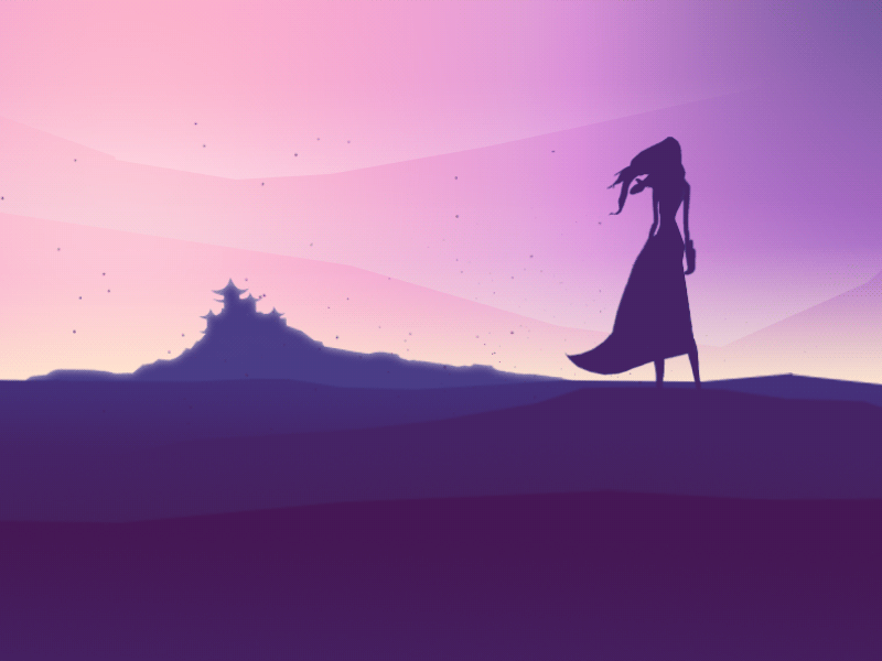 Way Back Home animation character colors dust female hair mood particles silhouette skyline sunset wind