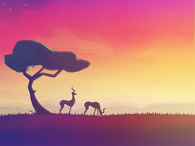 Savanna animal antilope colors illustration landscape savanna scenery silhouette sundown sunrise sunset tree