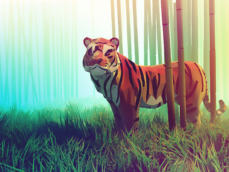 Tiger lowpoly forest mood colors bamboo 3d illustration animal tiger low poly