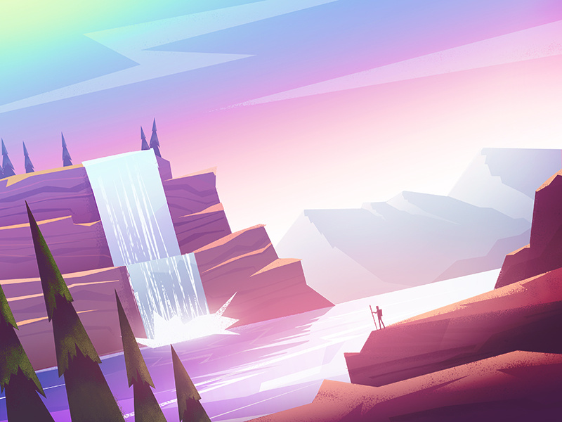 Journey rocks mountains flat illustration landscape wanderlust sea lake waterfall journey