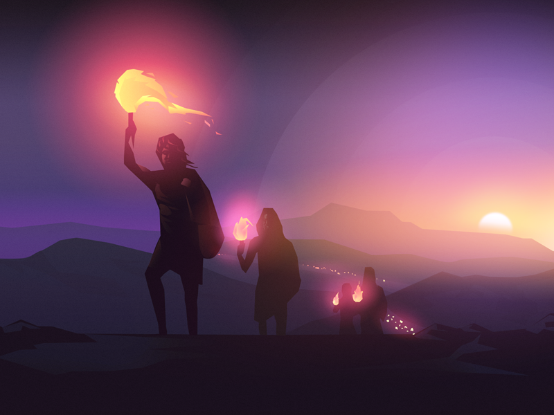 Exodus landscape character crowd illustration sunrise sundown fire night exodus bible