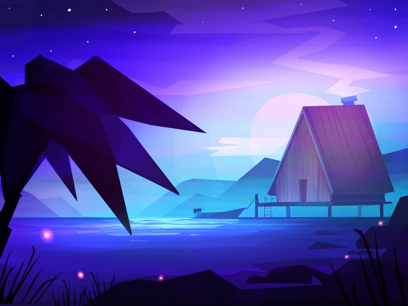 Beach house procreate ipad illustration mountains water sea ocean night palm boat house beach