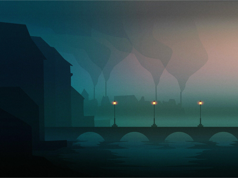 The poet city illustration fog sad silhouette industry smoke lights bridge industrial london