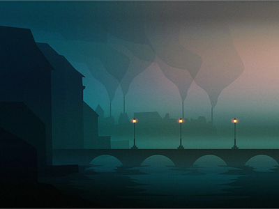 The poet bridge city fog illustration industrial industry lights london sad silhouette smoke
