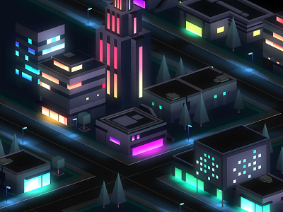 city at night - level design city game illustration isometric lights low poly lowpoly mobile neon night streets unity