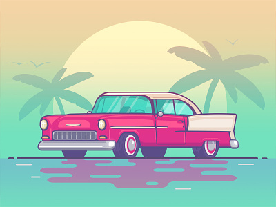 Cuba Sunrise beach car chevy flat illustration oldtimer ortographic palms sunrise vector
