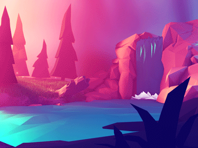 Low poly waterfall animation dreamy forest illustration landscape low poly lowpoly purple trees waterfall woods
