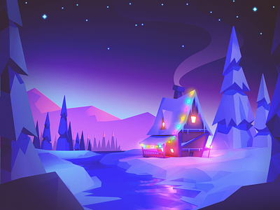 Winter Wonderland cabin christmas holiday house landscape lights low poly night snow winter