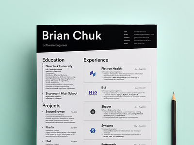Personal Resumé black and white black resume clean curriculum vitae cv developer education experience print profile resume typography white resume