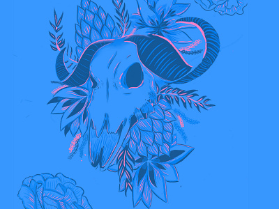 Blue and Pink Skull animal blue and pink botanical floral floral art illustration portland procreate rose rough sketch skull