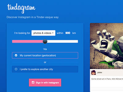 Tindagram api button design form home page instagram landing page page photos radio ui videos