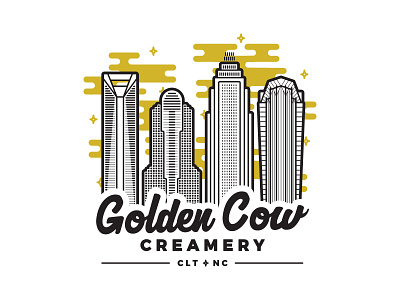 Golden Cow Creamery buildings charlotte city clt flat gold illustration line skyline stroke vector