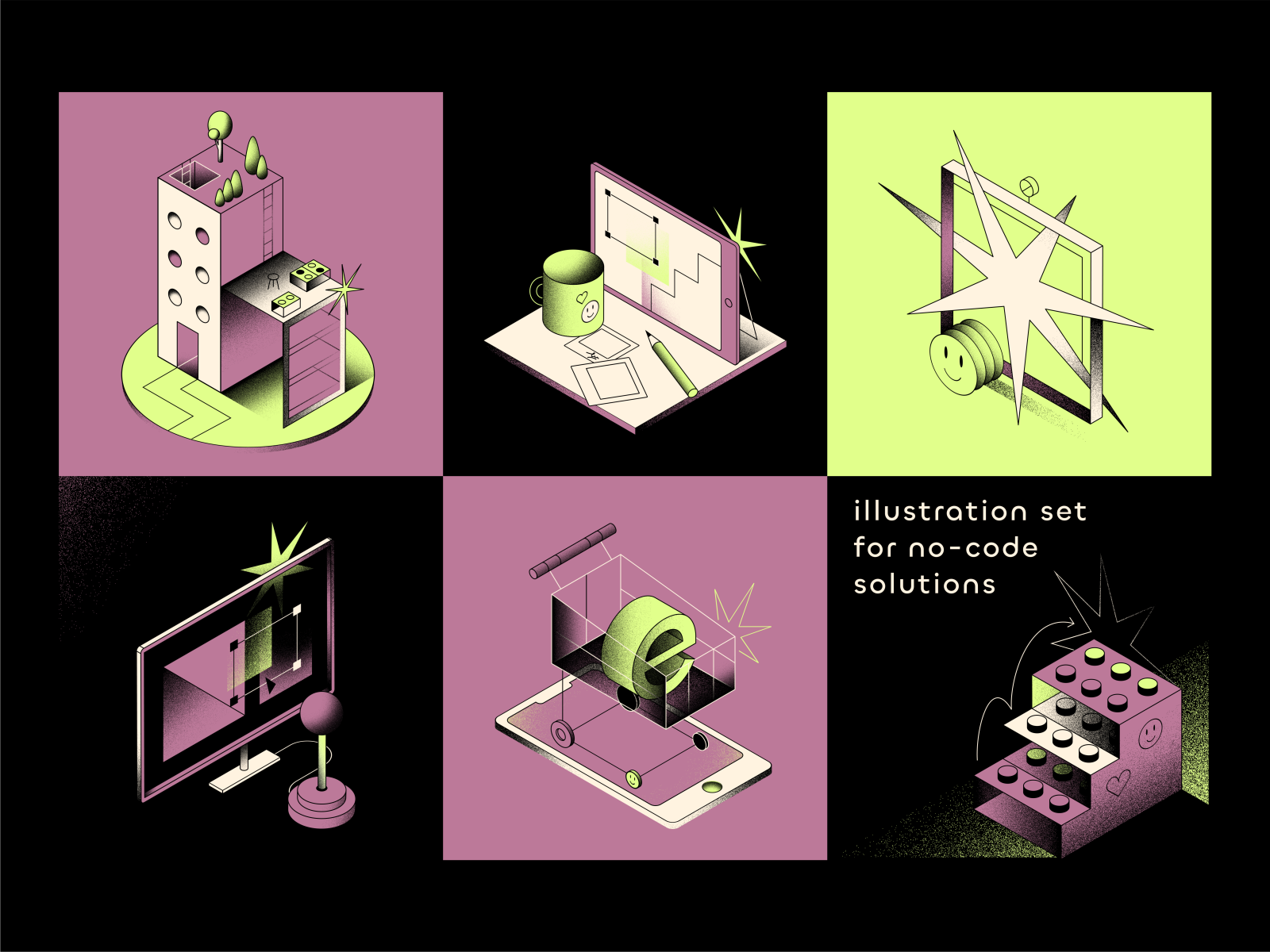 illustration set: no-code platform business colours illustration illustration set isometric no code onboarding vector