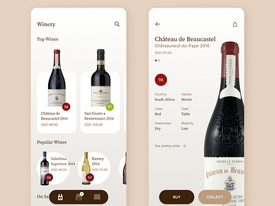 Winery app interface ios mobile ui ux