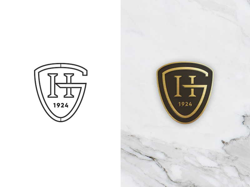 G & H button hospitality logo identity h g gold marble pin shield monogram
