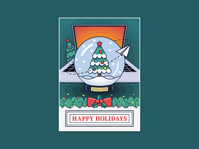 Happy Holidays Postcard christmas christmas tree computer green pixel holidays illustration laptop lights paper plane postcard snow snowball vector