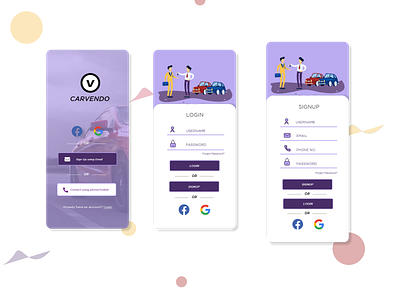 Carvendo adobe xd adobexd app design app designer branding car app car listing app car sale app car vendor app design login design login screen mobile app design mobile ui register signin singup social login screen ui vendor