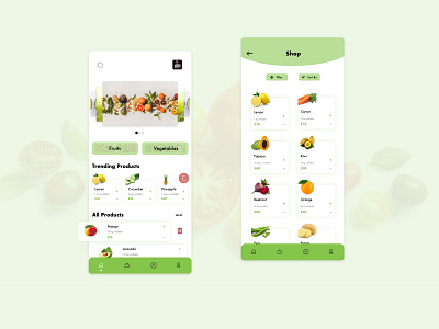Grocery shop and homescreen app design design filter fruits grocery grocery app grocery list grocery online grocery store list mobile app design mobile ui online product selling shop sort by ui vegetales
