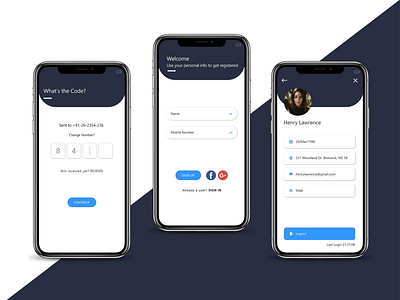 App Profile , OTP Screen app design app designer branding design logout mobile otp design mobile ui otp profile profile design profile page register design register form singup welcome screen
