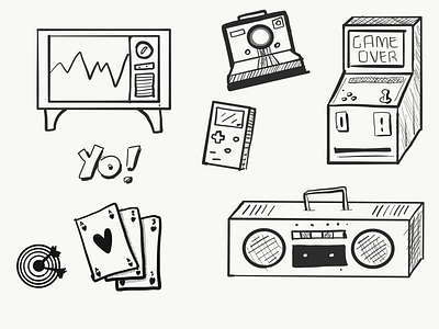 80's Retro Background background boombox darts gameboy graphic hand drawn illustration jukebox polaroid wall art wallpaper