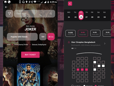 Movies Ticket Booking app design application dailyui design designer designs graphic graphicdesign graphics hollywood inspiration instagram joker landing page mobile movie movie app ticket ticket booking ui