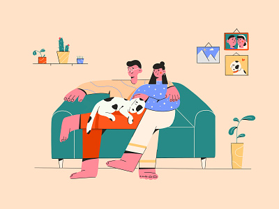 Perfect evenings! 2d character character design clean couch dog evening family illustration lines love man minimal painting people plant simple together vector woman