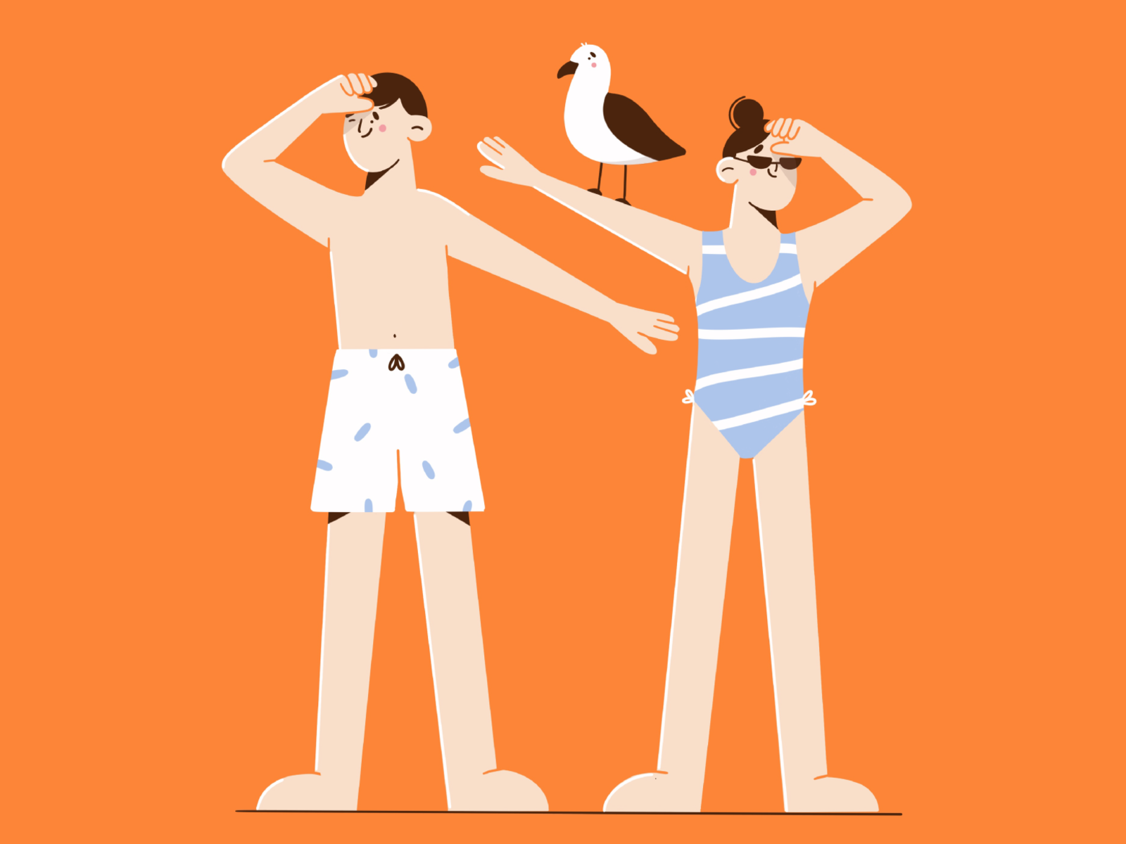 where are you? beach bird character character design couple flat illustration illustration illustration 2d minimal art people summer swim wear swimsuit vector art vector artwork warm