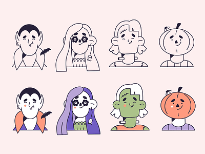 It's a spooky season! 🎃 avatar avatars character character design cute characters design faces flat illustration halloween icon illustration illustration 2d line art minimal art outlines pampkin people shapes vector vector illustration