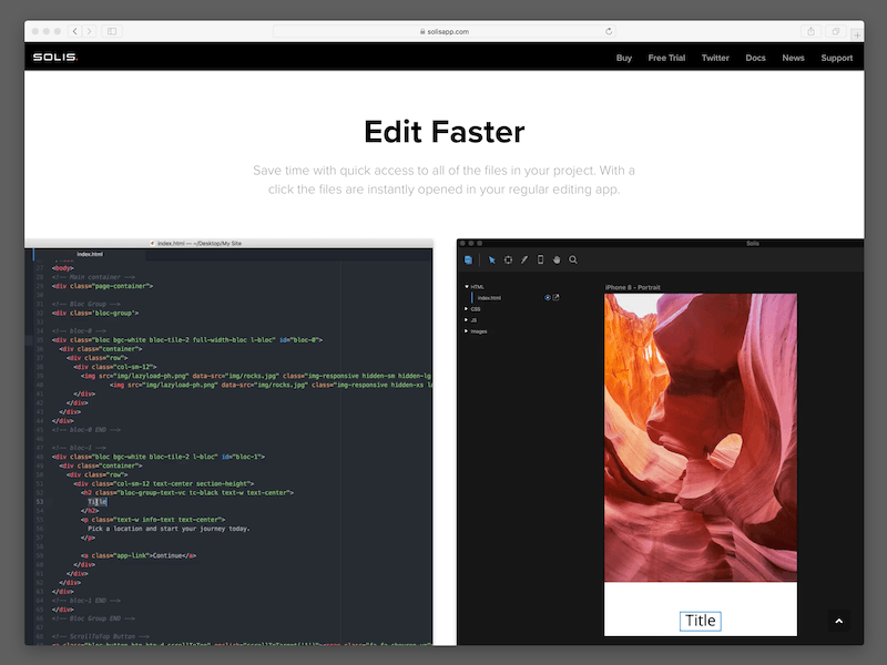 Solis Site - Edit Faster app code css design editing html live mac scss sync web