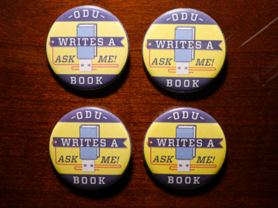 Odu Writes a Book Pin button debut design first illustration invite odu pin thanks
