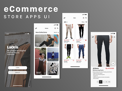 E-Commerce Store Apps UI app branding ecommerce app fashion app flat gradient background gradient color icon illustration landing page lettering login page mobile store app type typography ui designs ux designer vector web