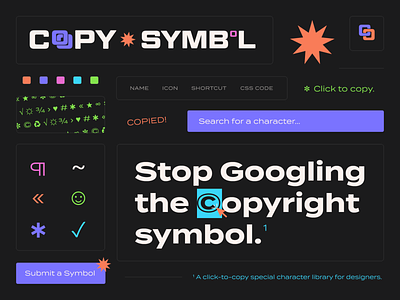 CopySymbol Brand Board antidesign brand board brand identity branding colorcode copy and paste copyright symbol illustration startup symbols webflow
