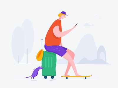 Travel app cat design illustration luggage phone skateboard travel ui web website 设计