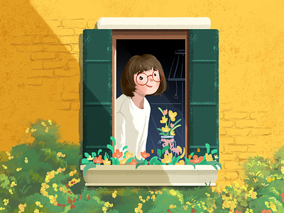 window & girl illustration