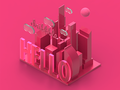 Hello Dribbble 3d axonometric debut dribbble dubai first shot hello invite pink sanserif uae