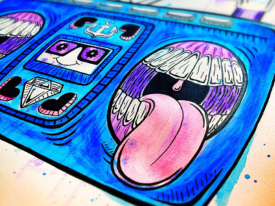 Pump Up the Jams 80s boom box color design drawing illustration ink music retro sketch teeth watercolor