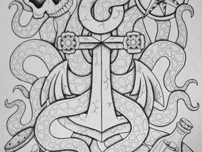Undertow anchor art design drawing flash flower illustration kraken ocean sketch skull tattoo